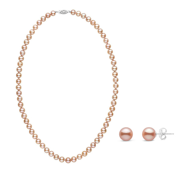 6.5-7.0 mm AAA Pink to Peach Freshwater Pearl Necklace and Stud Earring Set featuring a strand of lustrous round pink to peach freshwater pearls paired with matching pearl stud earrings.