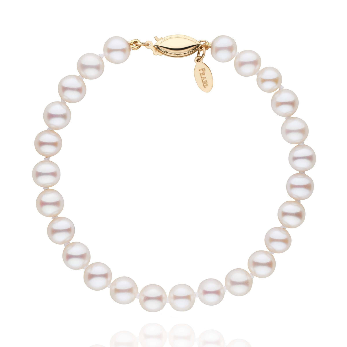 6.0-7.0 mm White Freshadama Pearl Bracelet featuring lustrous round white freshwater pearls with a gold clasp, perfect for elegant and timeless style.