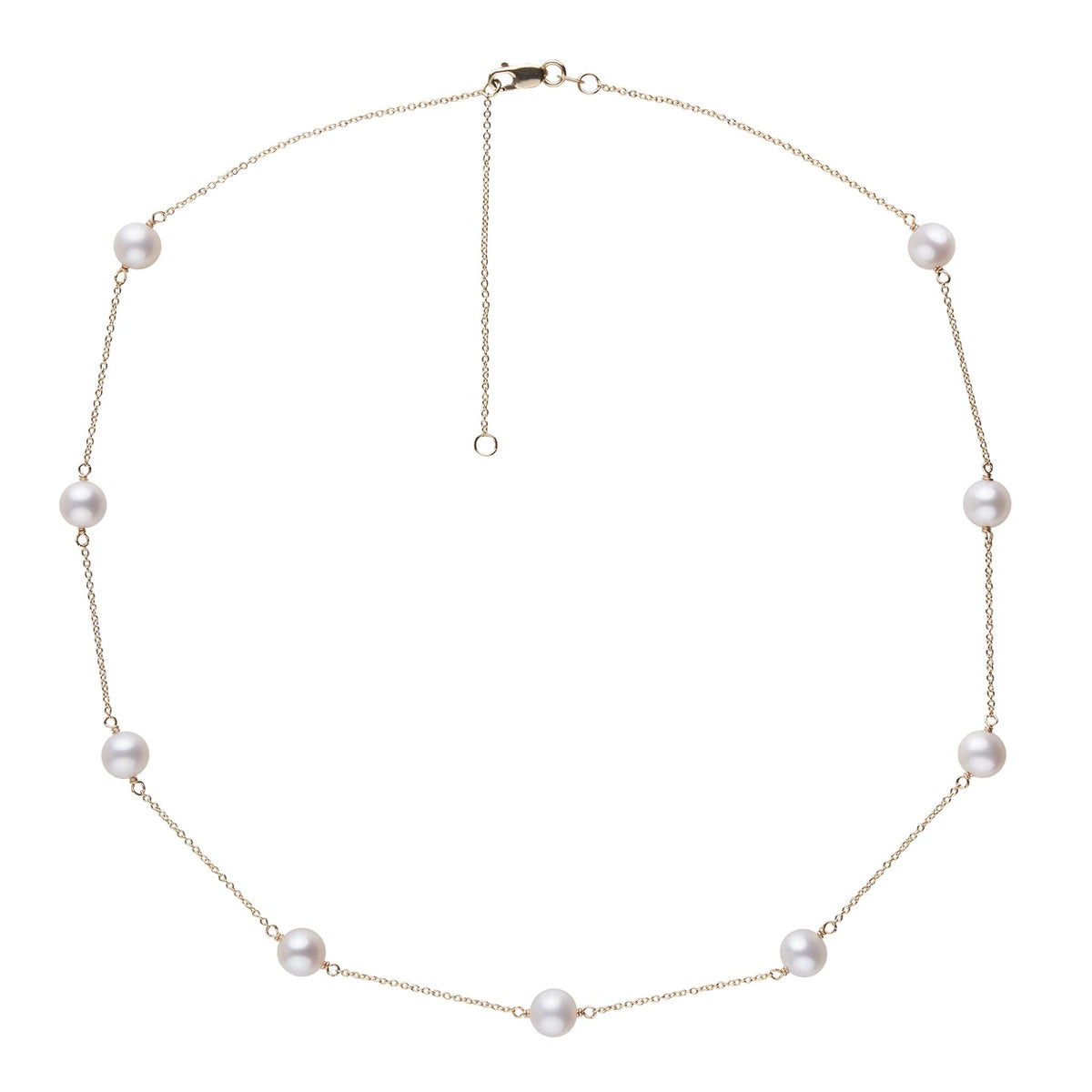 A white Freshadama pearl tin cup necklace with gold chain, displayed on a plain background.