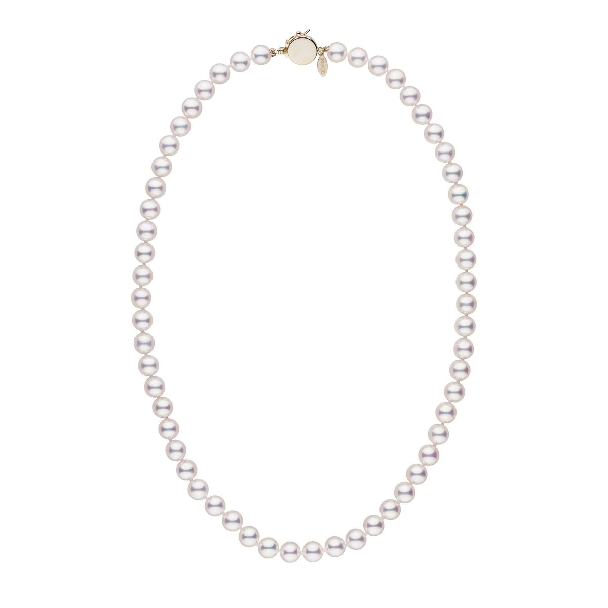 Personalized 18 Inch 7.0-7.5 mm Hanadama Akoya Pearl Circle Clasp Necklace featuring lustrous white cultured pearls with a secure gold circle clasp for elegant wear.
