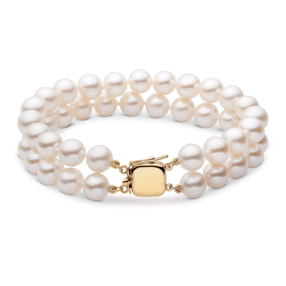 7.0-7.5 mm Double Strand White Akoya AA+ Pearl Bracelet yellow gold