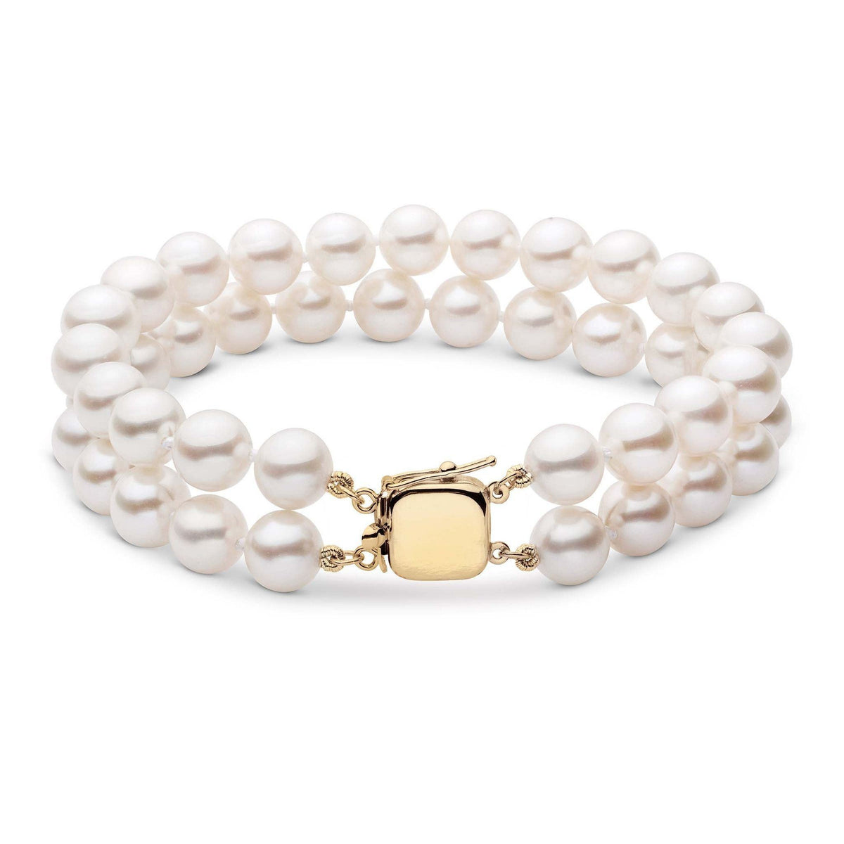 7.0-7.5 mm Double Strand White Akoya AAA Pearl Bracelet yellow gold