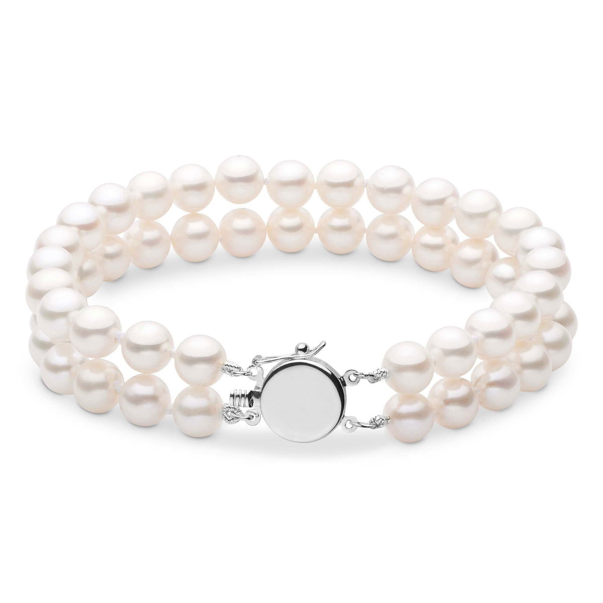 Personalized 7.5-8.0 mm AAA White Freshwater Pearl Double Strand Circle Clasp Bracelet featuring two strands of lustrous white pearls with a polished round 14K white gold clasp.