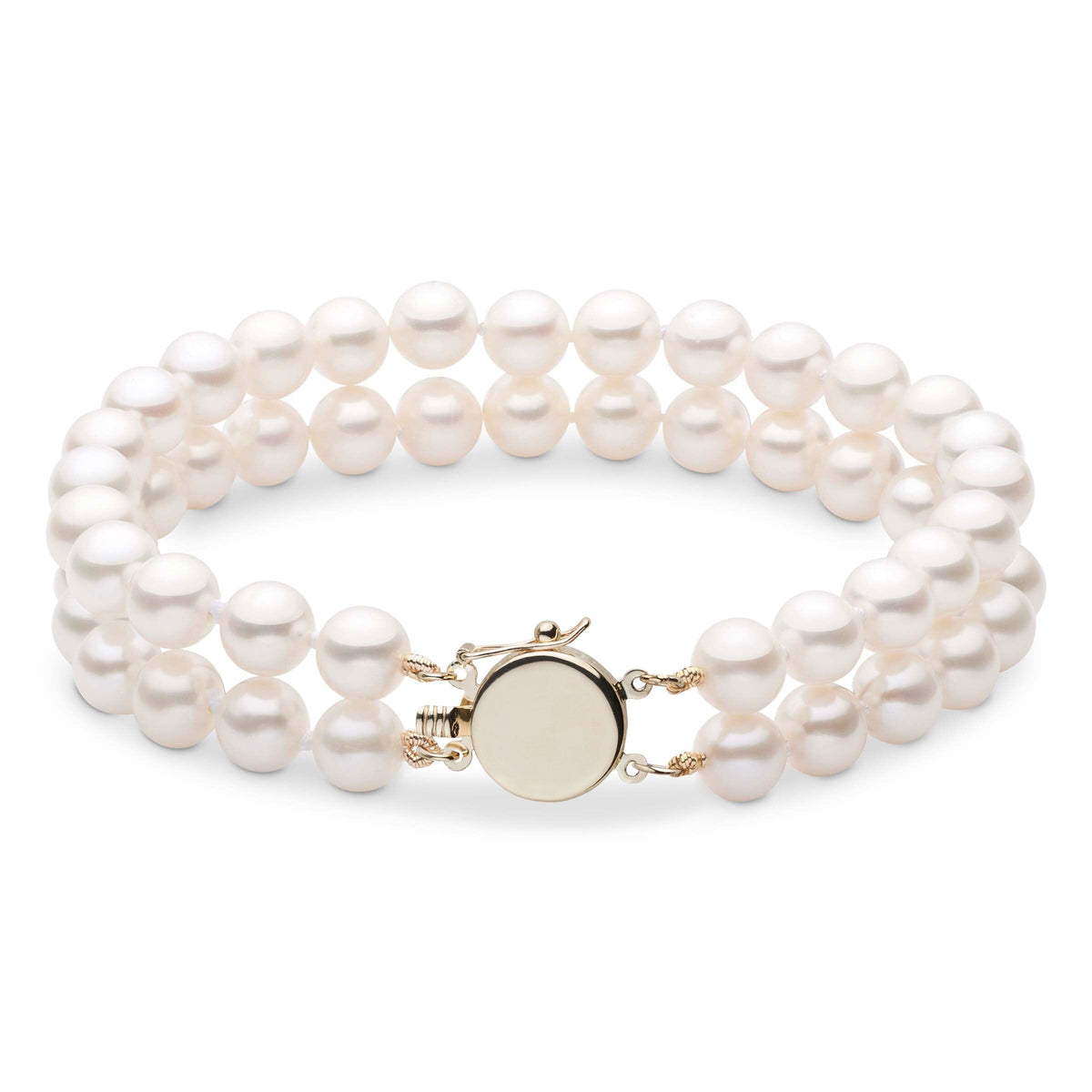 Personalized 7.5-8.0 mm AAA White Freshwater Pearl Double Strand Circle Clasp Bracelet featuring lustrous white freshwater pearls with a polished circle clasp in gold-tone metal.