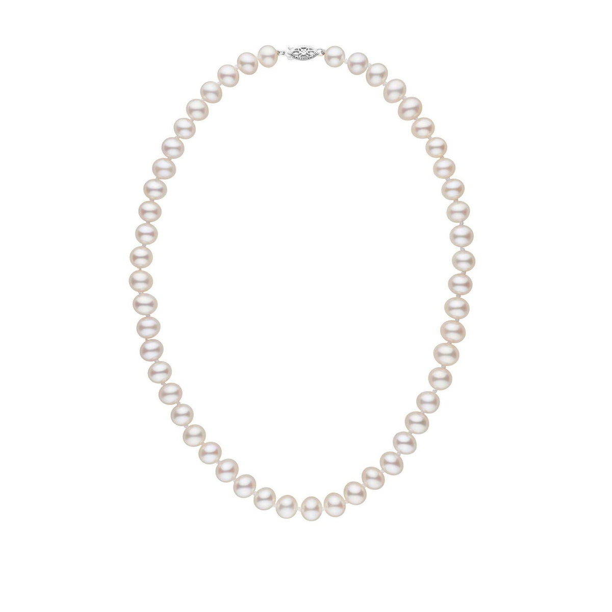 7.5-8.0 mm AA+ White Freshwater Pearl Necklace featuring lustrous, round white freshwater pearls with a classic clasp, perfect for elegant and timeless style.
