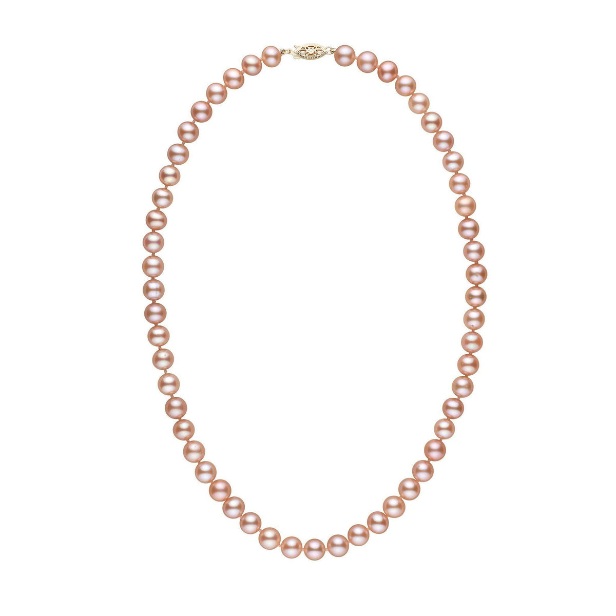 7.5-8.0 mm AA+ Pink to Peach Freshwater Pearl Necklace featuring lustrous round pearls in soft pink and peach hues with a decorative clasp on a white background