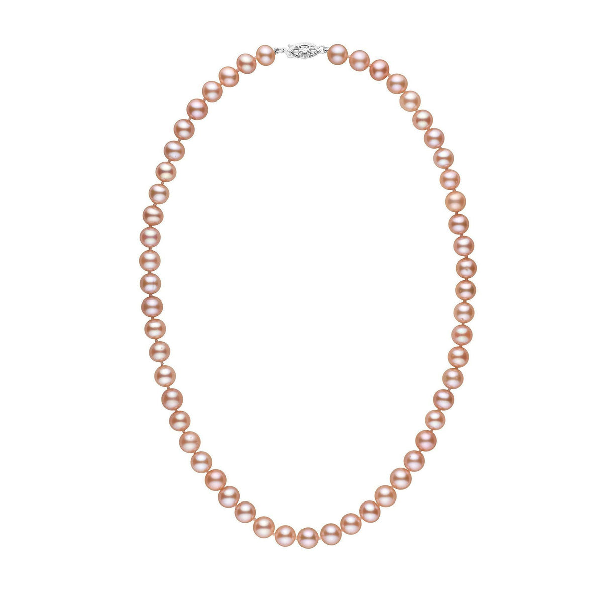 Elegant strand of 7.5-8.0 mm AA+ Pink to Peach Freshwater Pearl Necklace with lustrous round pearls and a 14K white gold clasp, perfect for refined and timeless style.