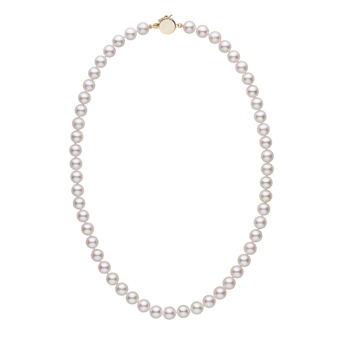Personalized 18 Inch 7.5-8.0 mm AAA Akoya Pearl Circle Clasp Necklace featuring white cultured akoya pearls with a classic gold circle clasp.