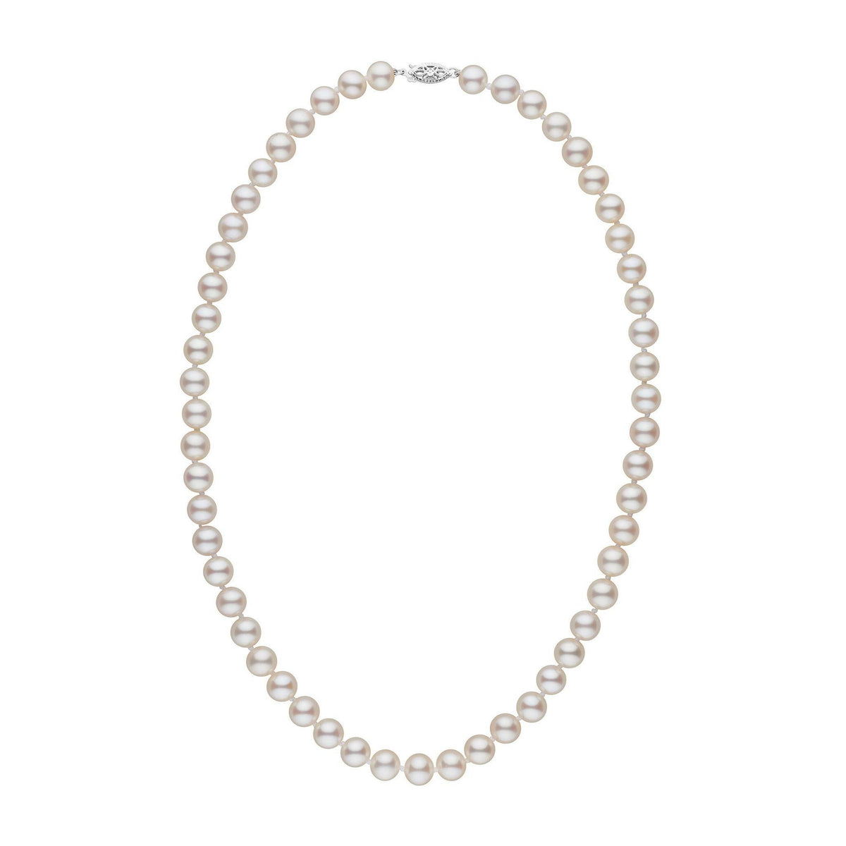 A single strand of AAA white freshwater pearls, nearly perfectly round, with high luster and smooth surfaces, knotted on twin silk.
