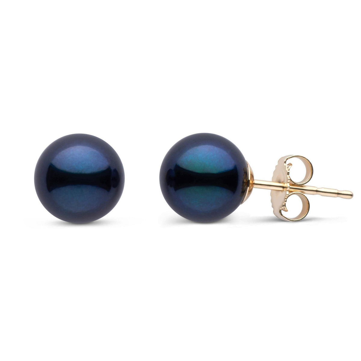 7.5-8.0 mm AA+ Black Akoya Pearl Stud Earrings yellow gold