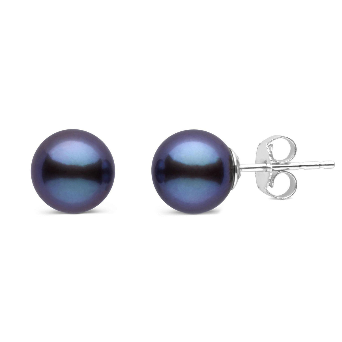 7.5-8.0 mm AAA Black Freshwater Pearl Stud Earrings featuring round, lustrous black pearls set on 14K white gold posts with butterfly backs, perfect for elegant everyday wear.