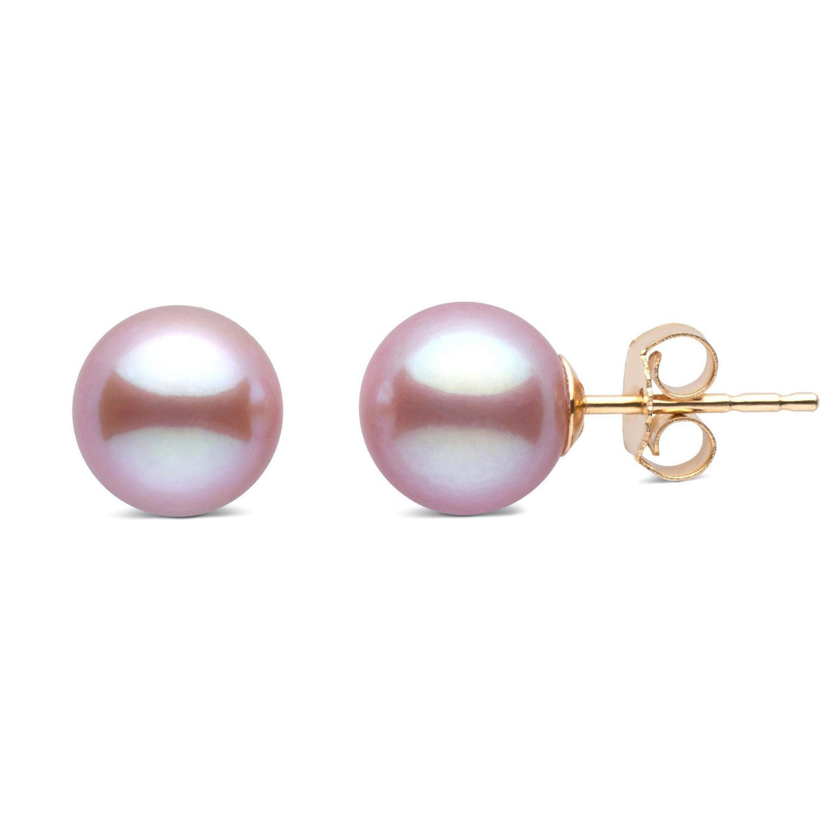 7.5-8.0 mm AAA Lavender Freshwater Pearl Stud Earrings featuring a pair of round lavender freshwater pearls set on gold posts for classic elegance.