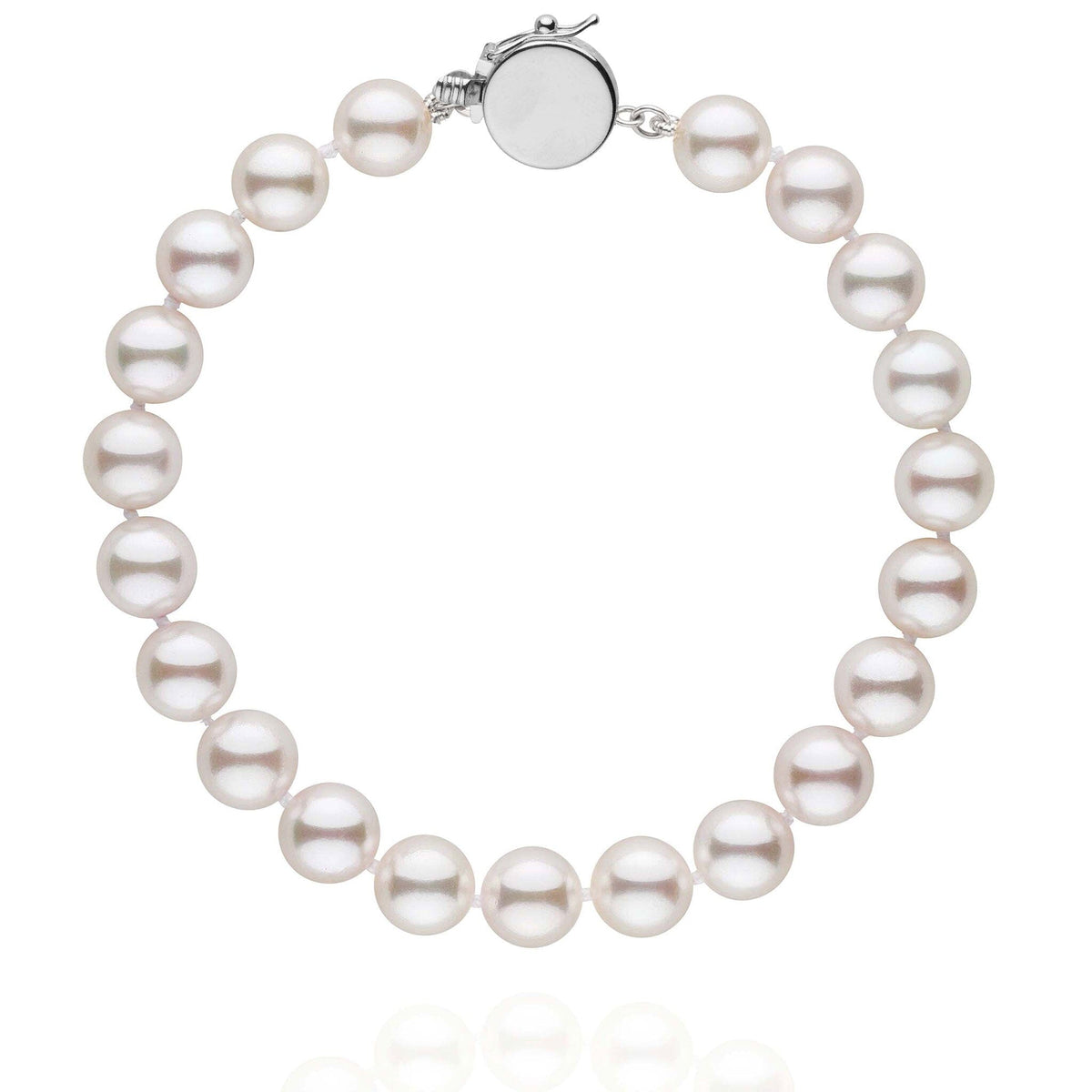 Personalized 7.5-8.0 mm AAA Akoya Pearl Circle Clasp Bracelet featuring round white akoya pearls with a smooth 14K white gold circle clasp on a white background.