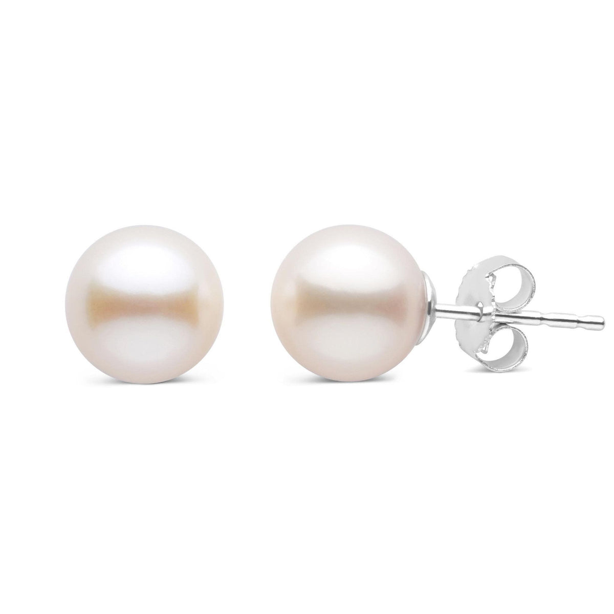 7.5-8.0 mm AAA white freshwater pearl stud earrings featuring round, lustrous pearls set on 14K white gold posts for a classic and elegant look.