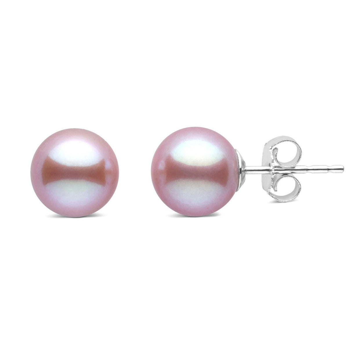 7.5-8.0 mm Lavender Freshadama Freshwater Pearl Stud Earrings with lustrous round lavender pearls set on 14K white gold posts, elegant and perfect for everyday wear.
