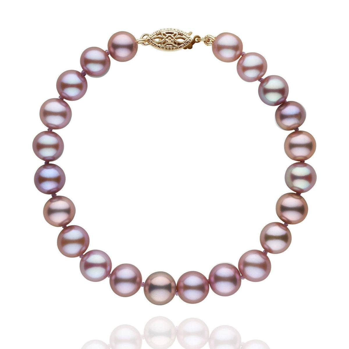 7.5-8.0 mm AAA Lavender Freshwater Pearl Bracelet featuring lustrous round lavender pearls with a decorative gold clasp, perfect for elegant and timeless style.