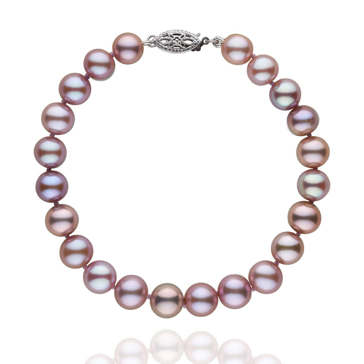 7.5-8.0 mm AAA Lavender Freshwater Pearl Bracelet featuring round, lustrous lavender freshwater pearls with a decorative 14K white gold clasp, perfect for elegant wear.