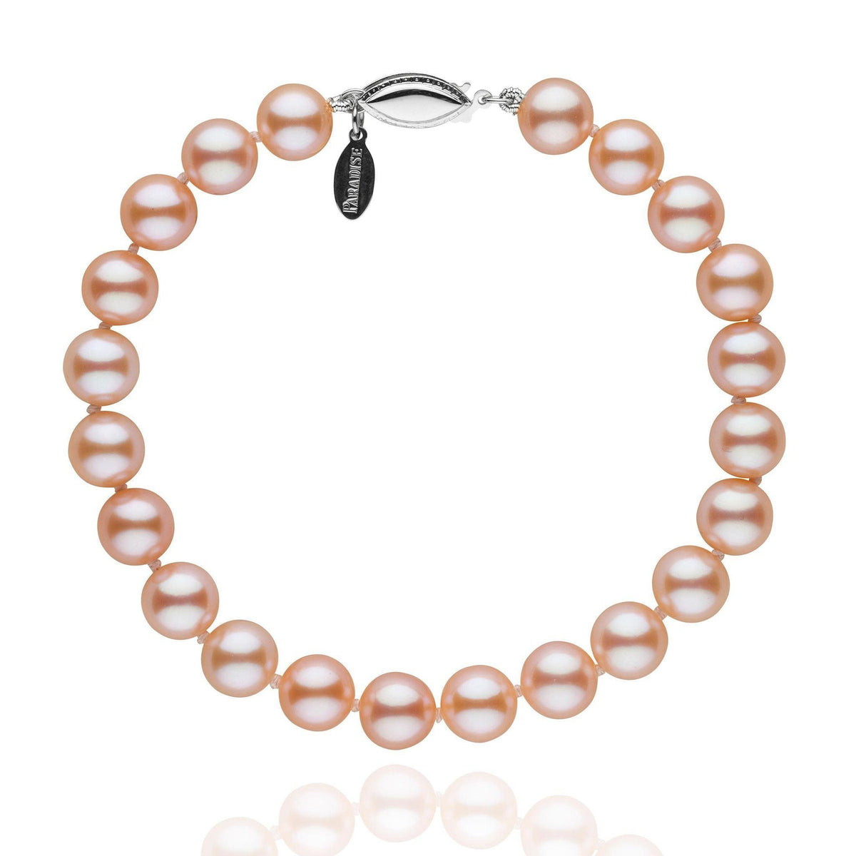 7.5-8.0 mm Pink to Peach Freshadama Pearl Bracelet featuring a single strand of round freshwater pearls with a 14K white gold clasp, showcasing soft pink and peach hues.
