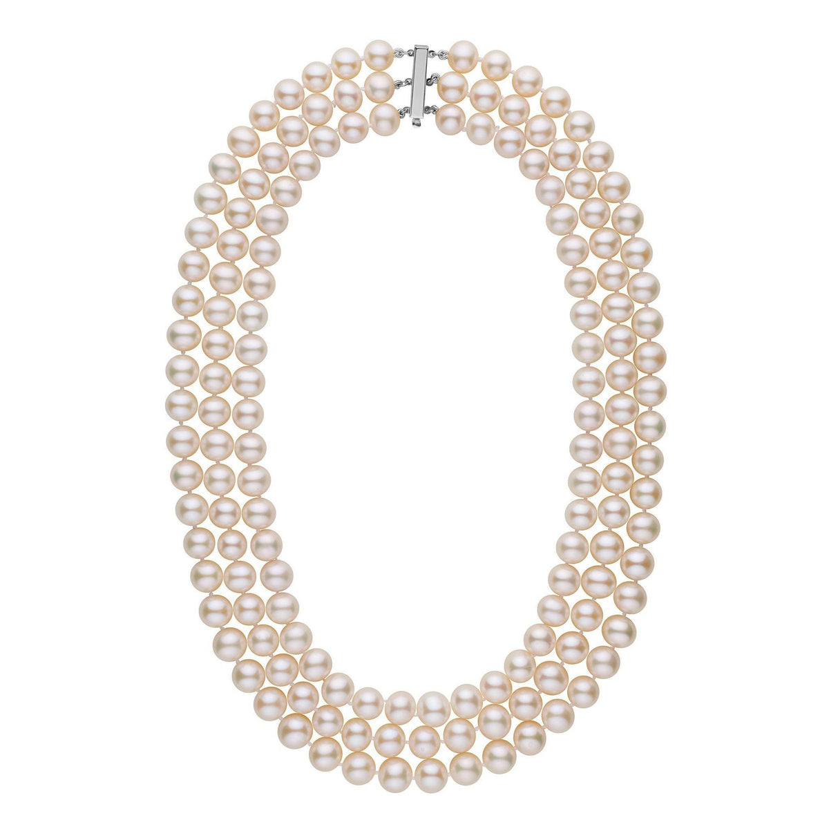 A triple-strand necklace of white freshwater cultured pearls with a gold clasp.