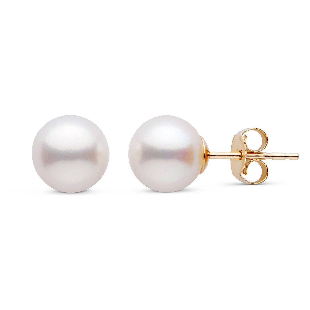 7.5-8.0 mm White Freshadama Freshwater Pearl Stud Earrings with lustrous white pearls set on gold posts, classic and elegant pearl jewelry perfect for everyday wear.