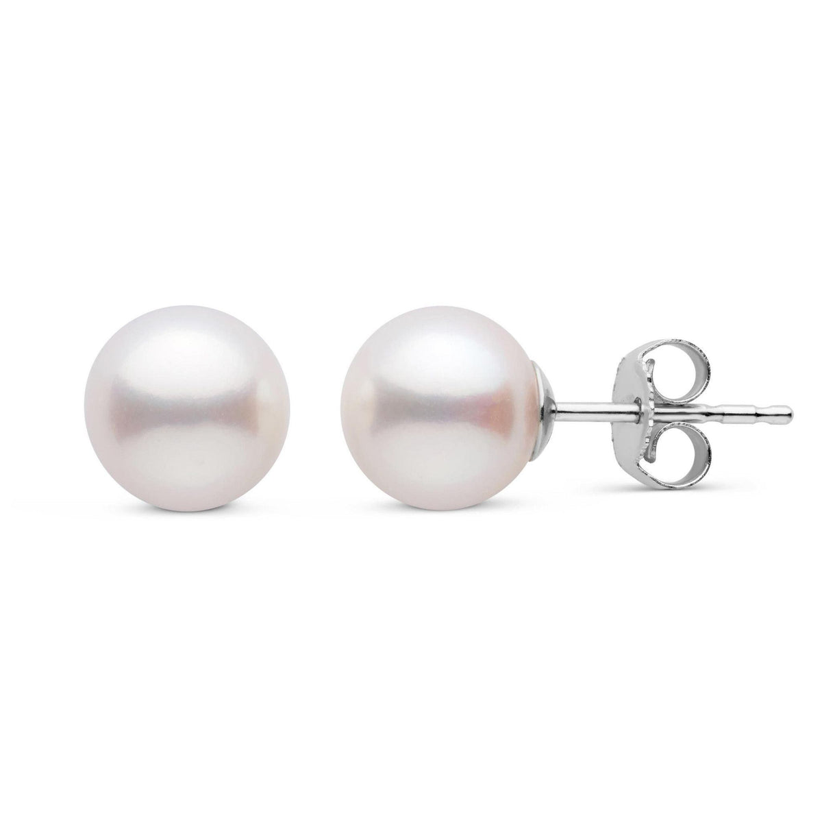 7.5-8.0 mm White Freshadama Freshwater Pearl Stud Earrings with smooth, lustrous white pearls set on 14K white gold posts, perfect for elegant everyday wear or special occasions.