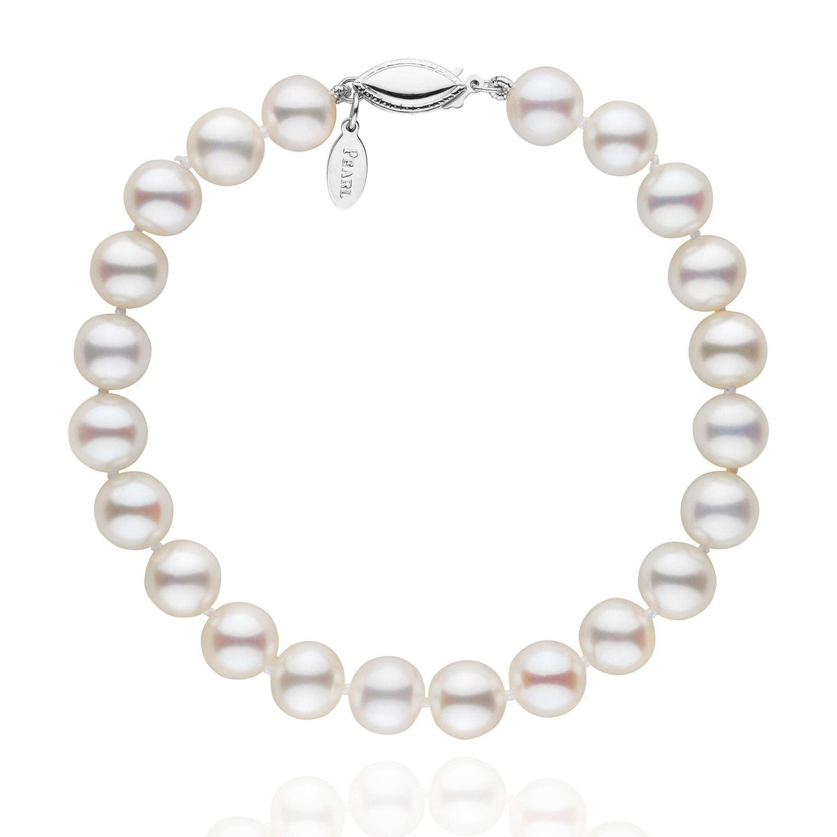 7.5-8.0 mm White Freshadama Pearl Bracelet featuring round white freshwater pearls with a 14K white gold clasp, perfect for elegant and timeless style.