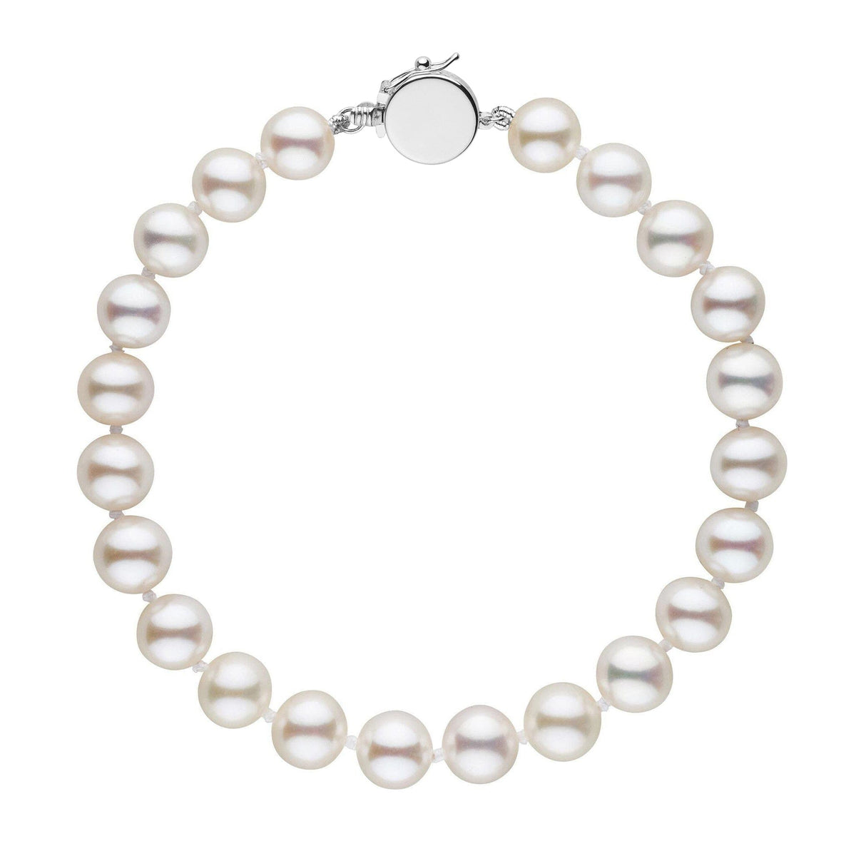 Personalized 7.5-8.0 mm AAA White Freshwater Pearl Circle Clasp Bracelet featuring lustrous round white freshwater pearls and a polished silver circle clasp for secure closure.
