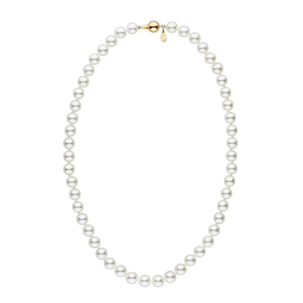 Certified 8.0-8.5 mm 18 Inch Natural White Hanadama Akoya Pearl Necklace Yellow gold polished ball clasp