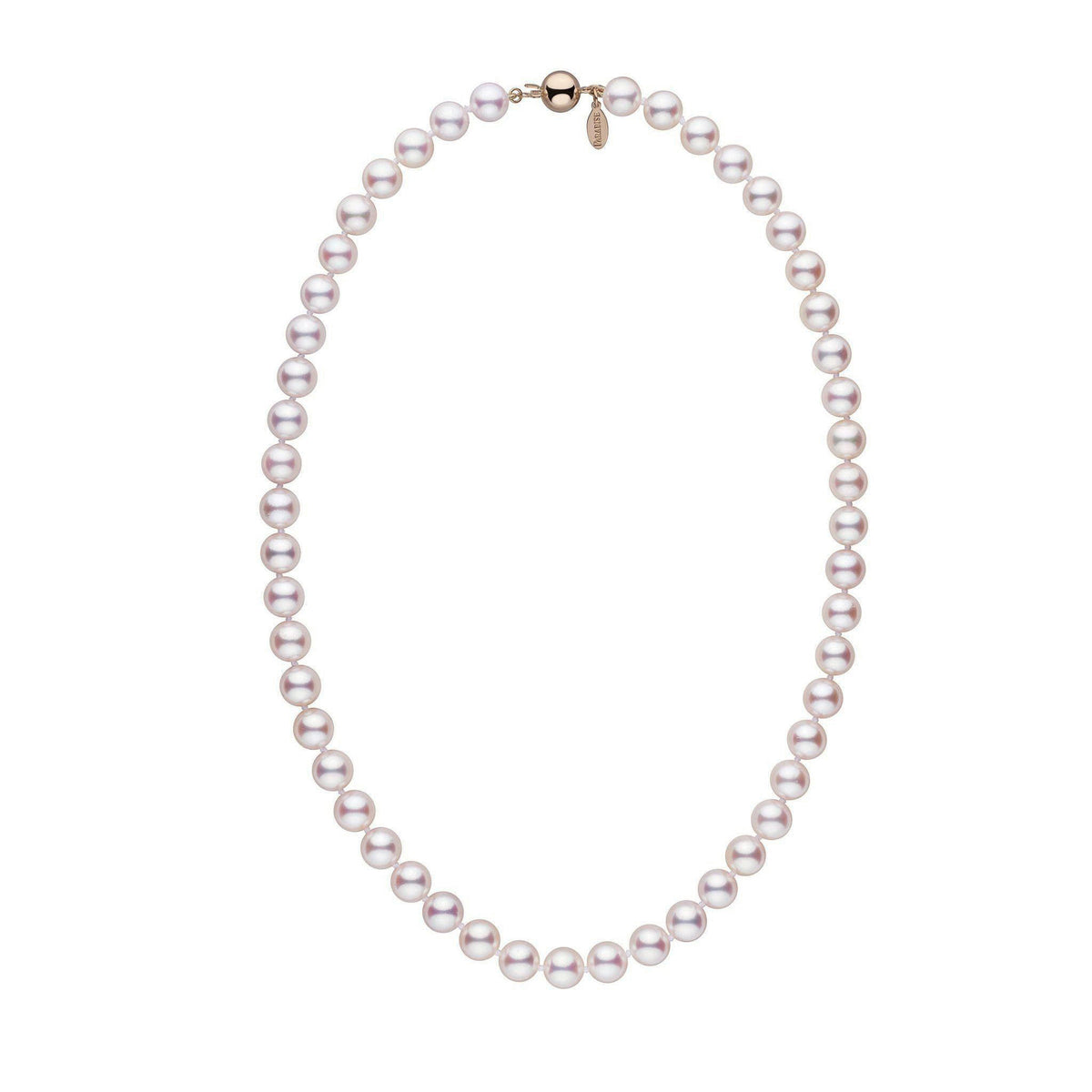 Lab Certified 8.0-8.5 mm 18 inch White Hanadama Akoya Pearl Necklace yellow gold polished ball clasp