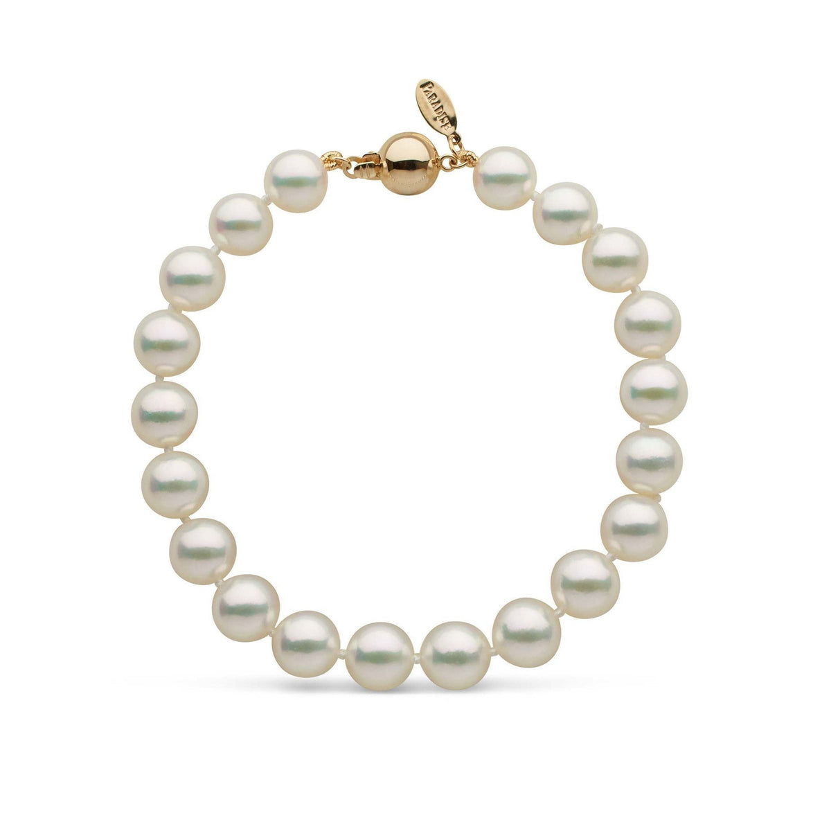 Lab Certified 8.0-8.5 mm Natural White Hanadama Akoya Pearl Bracelet Yellow Gold
