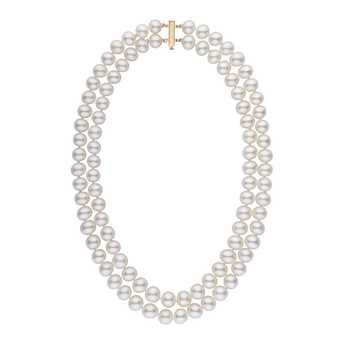A double strand of white freshwater pearls with a yellow gold clasp, knotted and displayed against a white background.