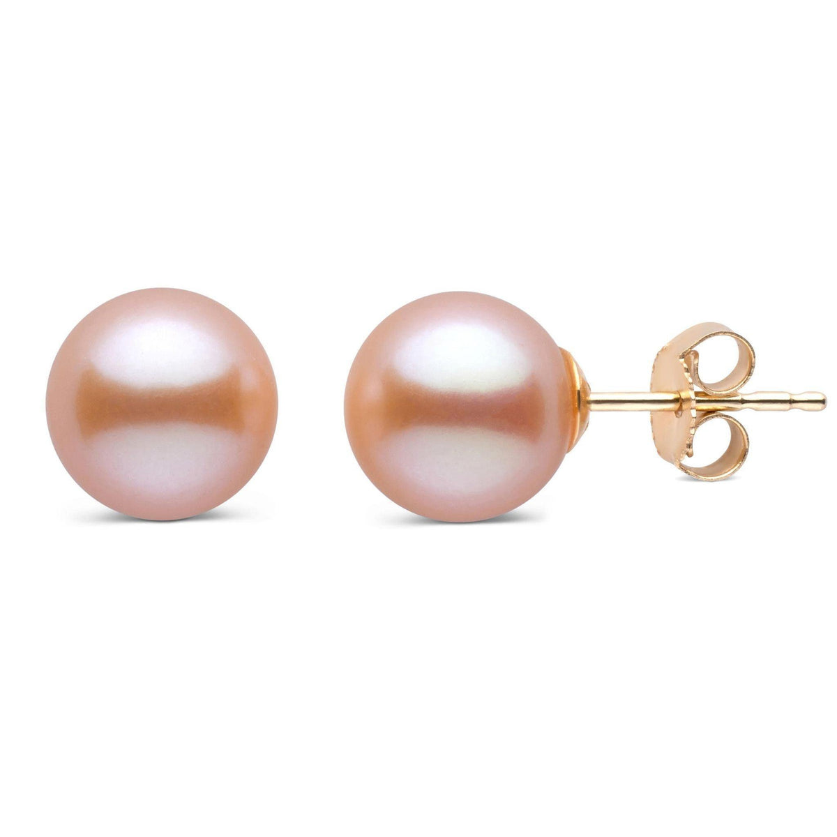8.5-9.0 mm AAA Pink to Peach Freshwater Pearl Stud Earrings featuring lustrous round pearls with a subtle pink to peach gradient on gold posts, elegant and timeless accessory.