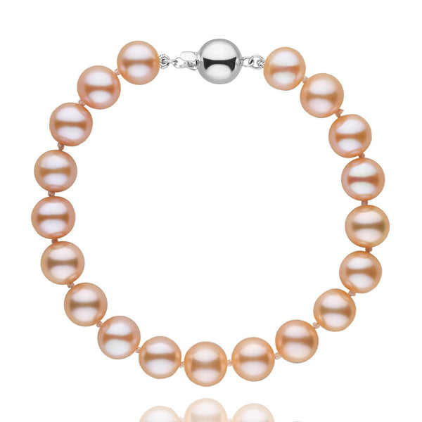 8.5-9.0 mm AAA Pink to Peach Freshwater Pearl Bracelet featuring lustrous round pearls with a gradient from soft pink to warm peach tones and a polished 14K white gold clasp.