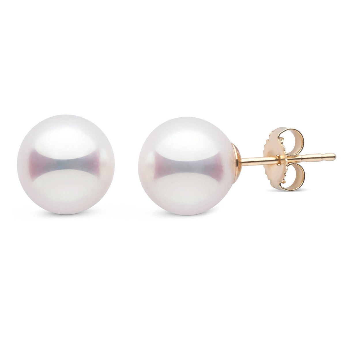 8.5-9.0 mm White Hanadama Pearl Stud Earrings on yellow gold
