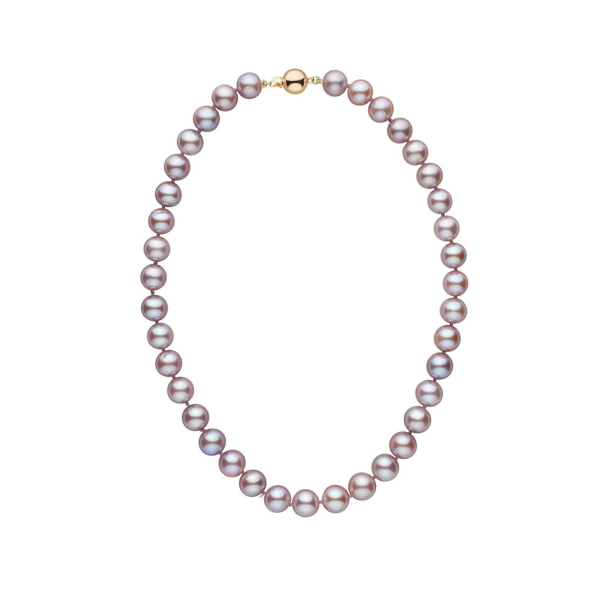 9.5-10.5 mm Lavender Freshadama Freshwater Pearl Necklace featuring lustrous lavender freshwater pearls with a gold clasp, a refined and elegant pearl strand for special occasions.
