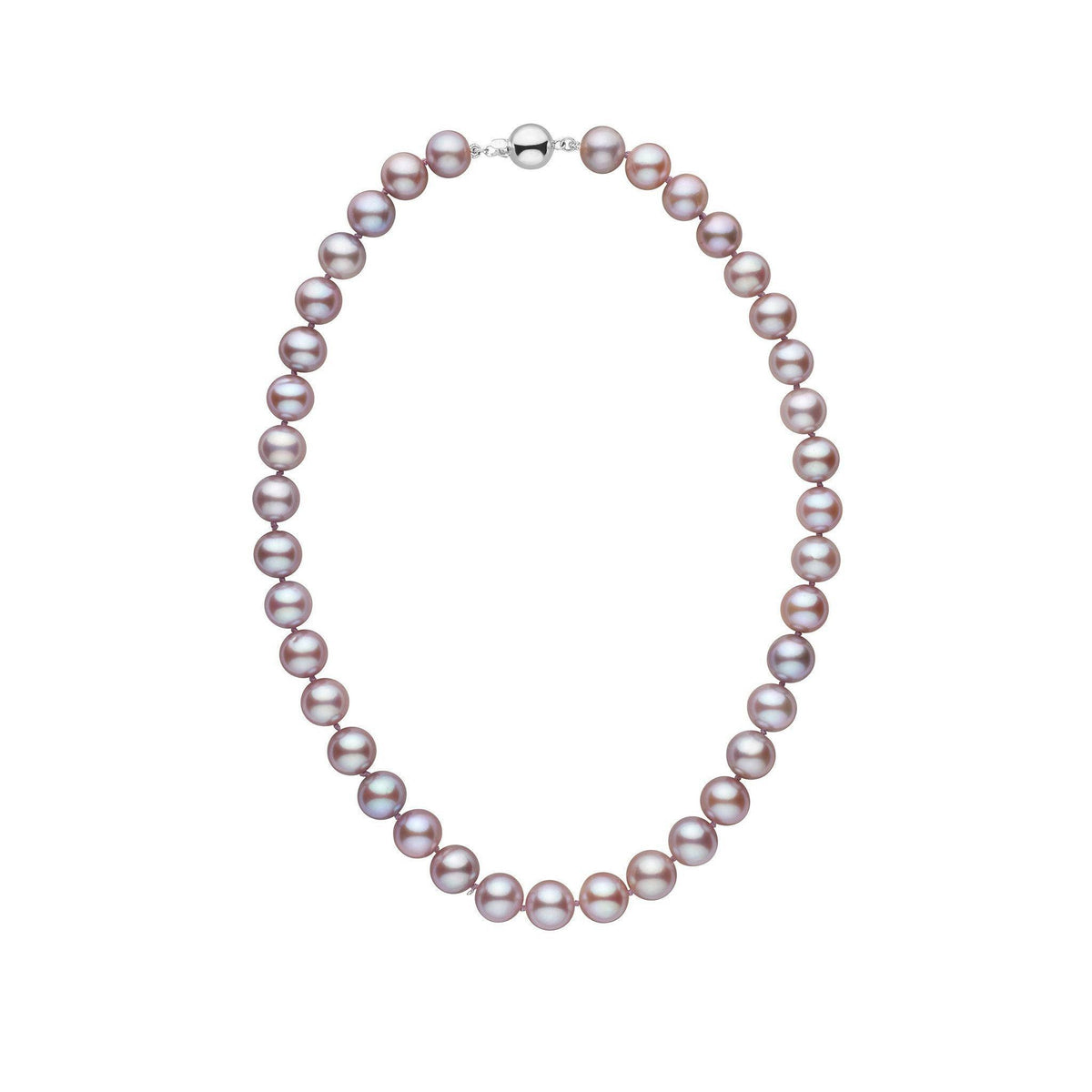 9.5-10.5 mm Lavender Freshadama Freshwater Pearl Necklace featuring lustrous lavender freshwater pearls with a 14K white gold clasp, ideal for elegant and timeless style.