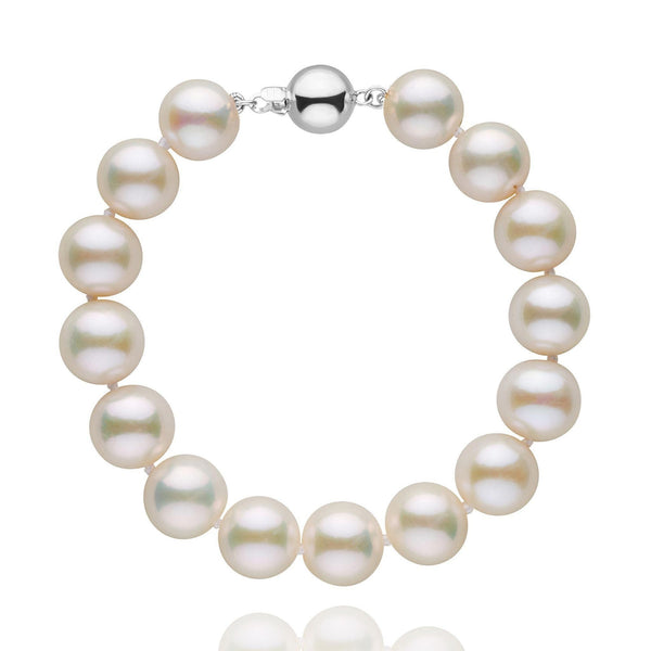 9.5-10.5 mm White Freshwater AAA Pearl Bracelet featuring large round white freshwater pearls with a smooth surface and a polished 14K white gold clasp.