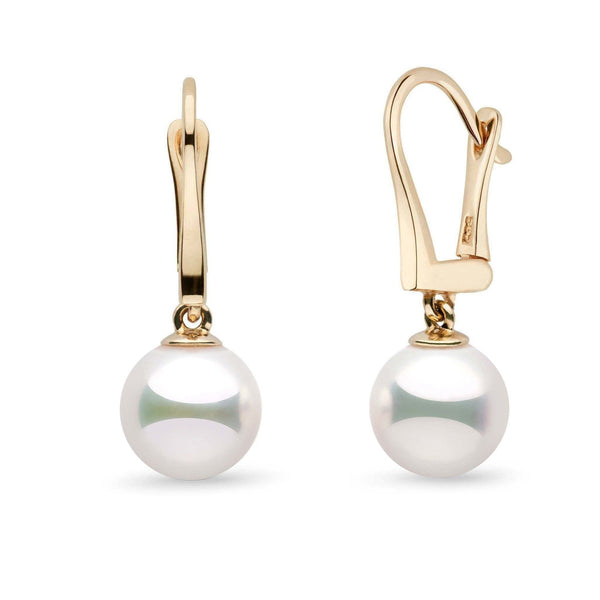 Certified Classic Collection 9.0-9.5 mm Natural White Hanadama Pearl Dangle Earrings yellow gold