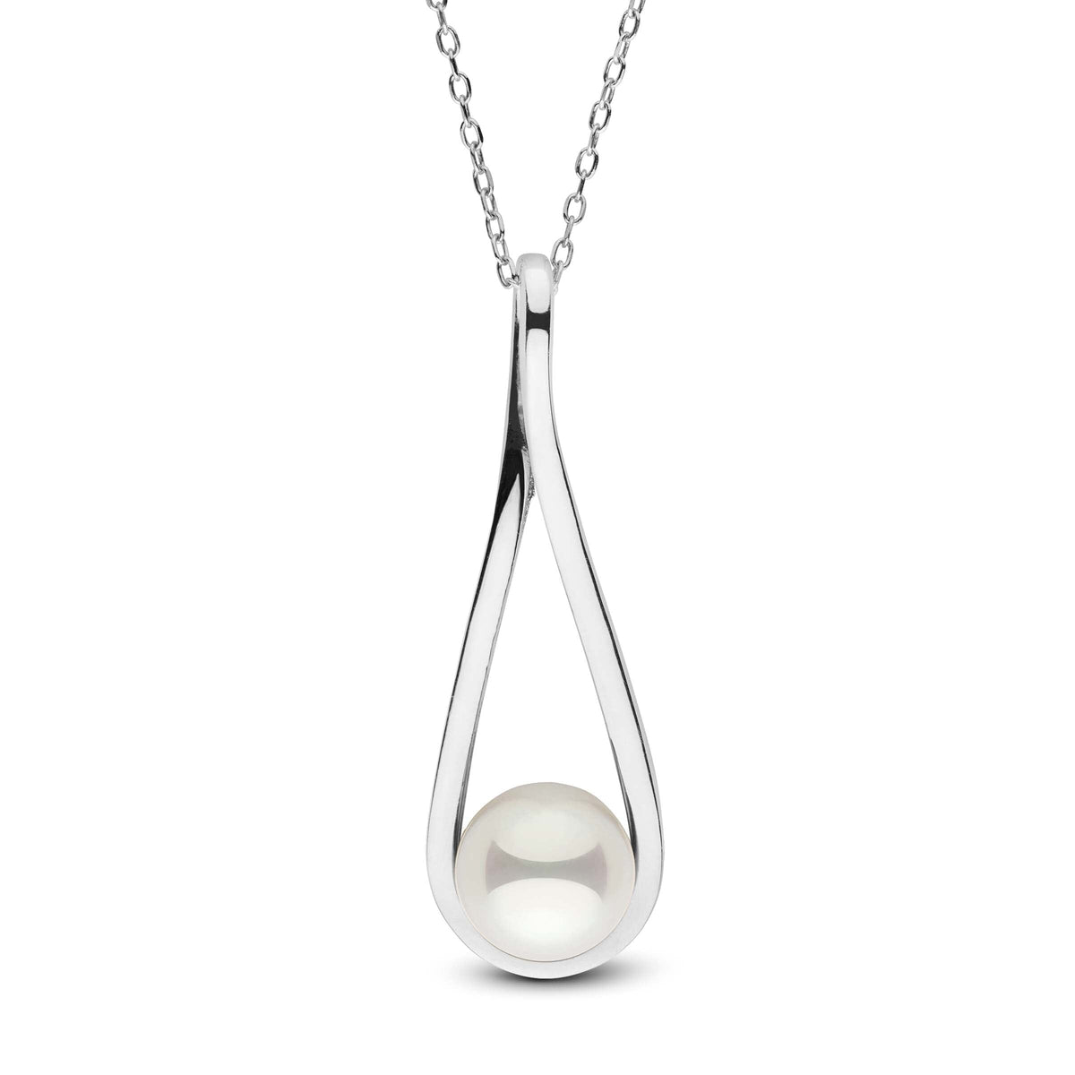 Cradle Collection 8.0-8.5 mm Akoya Pearl Pendant featuring a round white akoya pearl set in a sleek 14K white gold cradle design on a delicate chain.