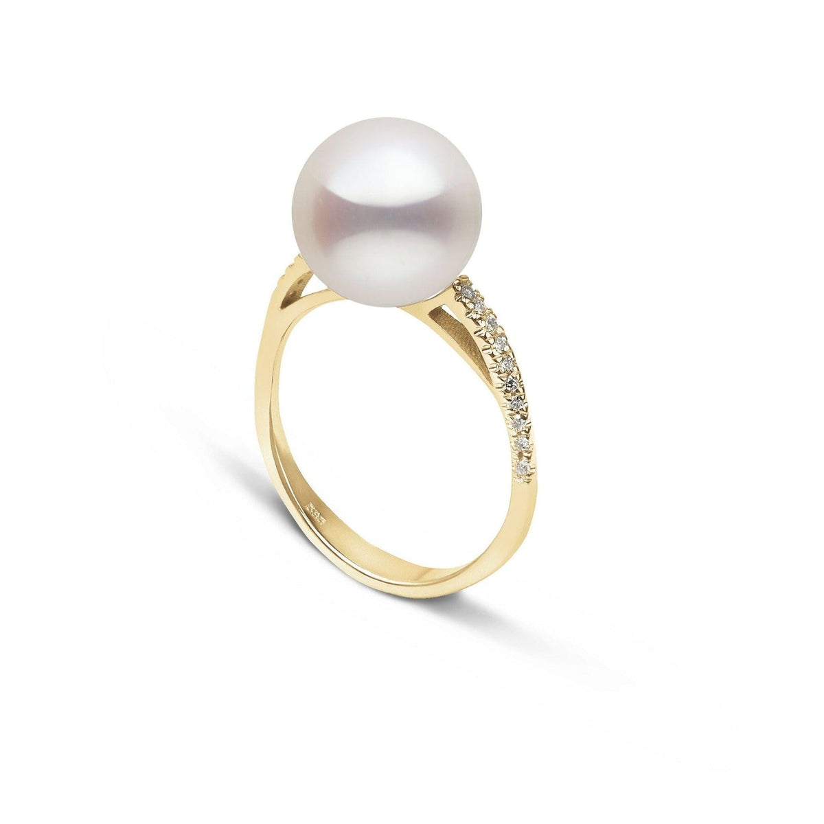 Pirouette Collection 10.0-11.0 mm White Freshadama Pearl and Diamond Ring Yellow Gold side angle