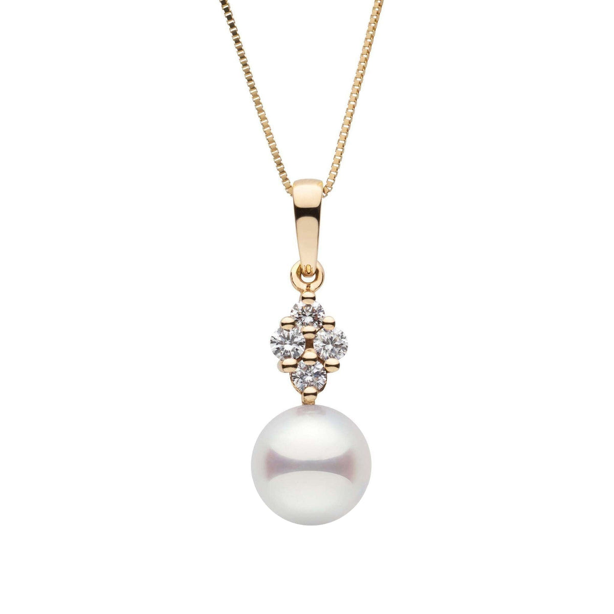 9.0-9.5 mm Akoya Pearl and Diamond Elegance Collection Pendant featuring a lustrous white akoya pearl and sparkling diamonds set in yellow gold on a delicate chain.