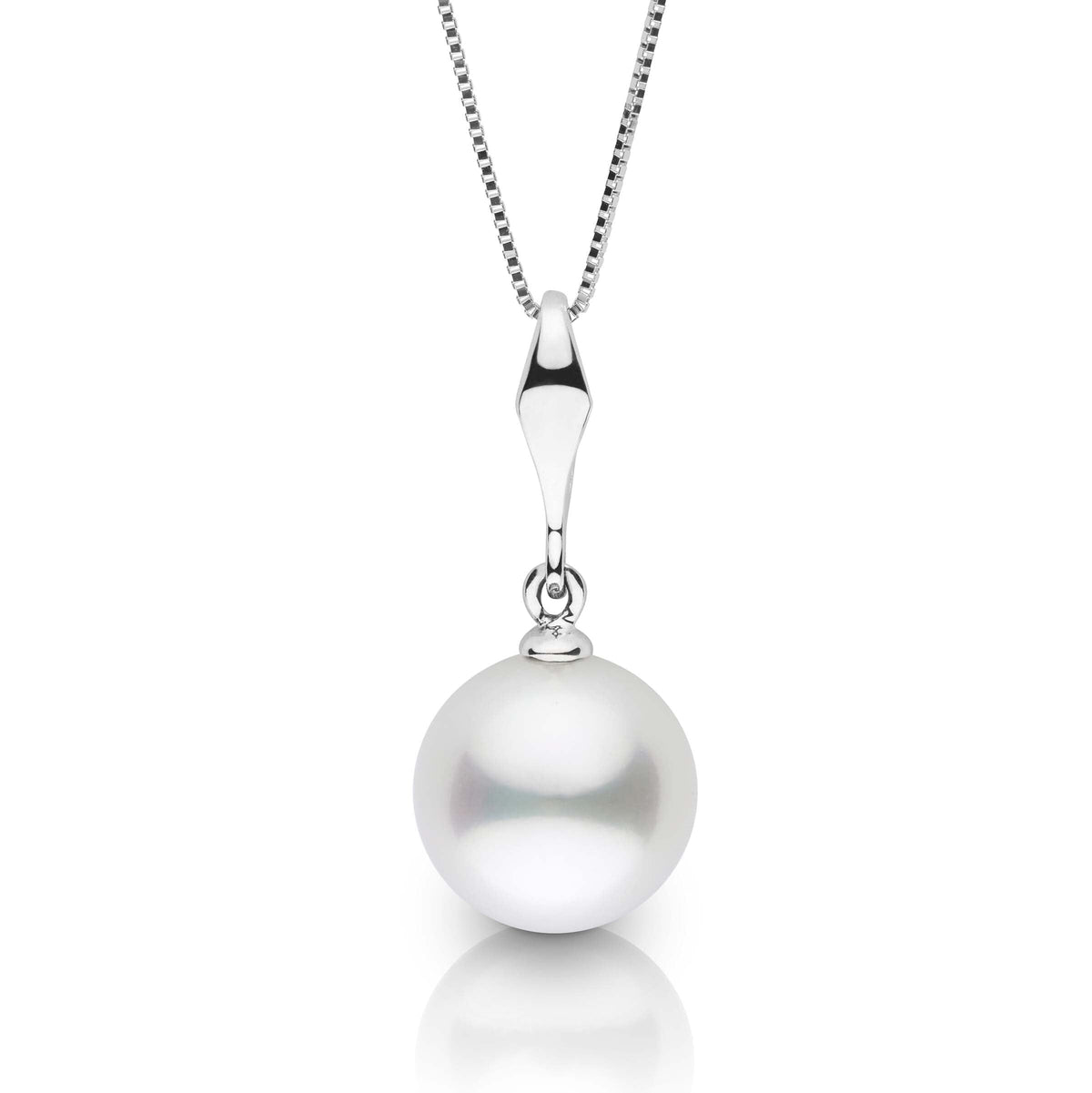 Essential Collection 10.0-11.0 mm White South Sea Pearl Pendant featuring a lustrous round white pearl suspended from a sleek, polished 14K white gold bail and box chain.