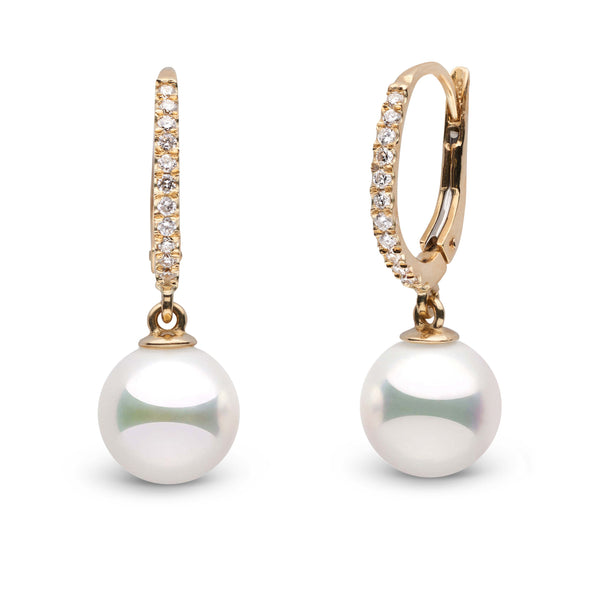Certified, Large Eternal Collection 9.0-9.5 mm Natural White Hanadama Pearl and Diamond Dangle Earrings yellow gold