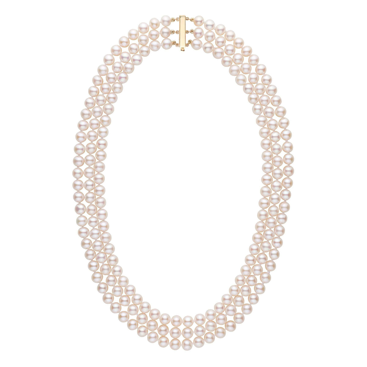 6.5-7.0 mm Triple-Strand AAA White Freshwater Pearl Necklace featuring three strands of lustrous white pearls with a gold clasp, elegant and classic pearl jewelry piece.