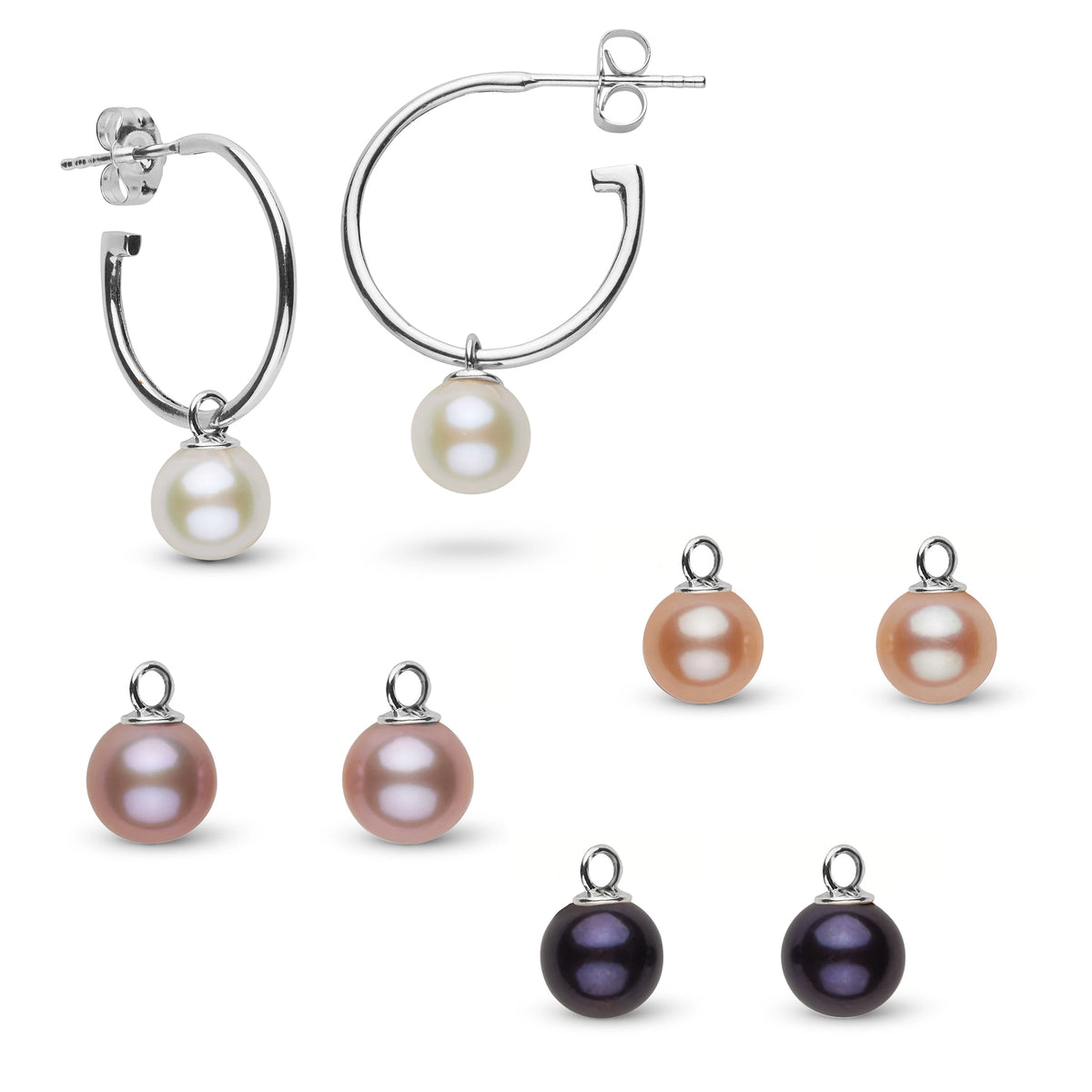 7.5-8.0 mm AAA Freshwater Pearl Charm Hoop Earring Set featuring 14K white gold hoops with white pearl charms and additional interchangeable pearl charms in white, pink, peach, and black colors.