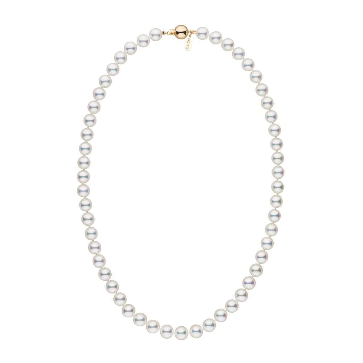 7.5-8.0 mm 18 Inch Natural White Hanadama Akoya Pearl Necklace yellow gold polished