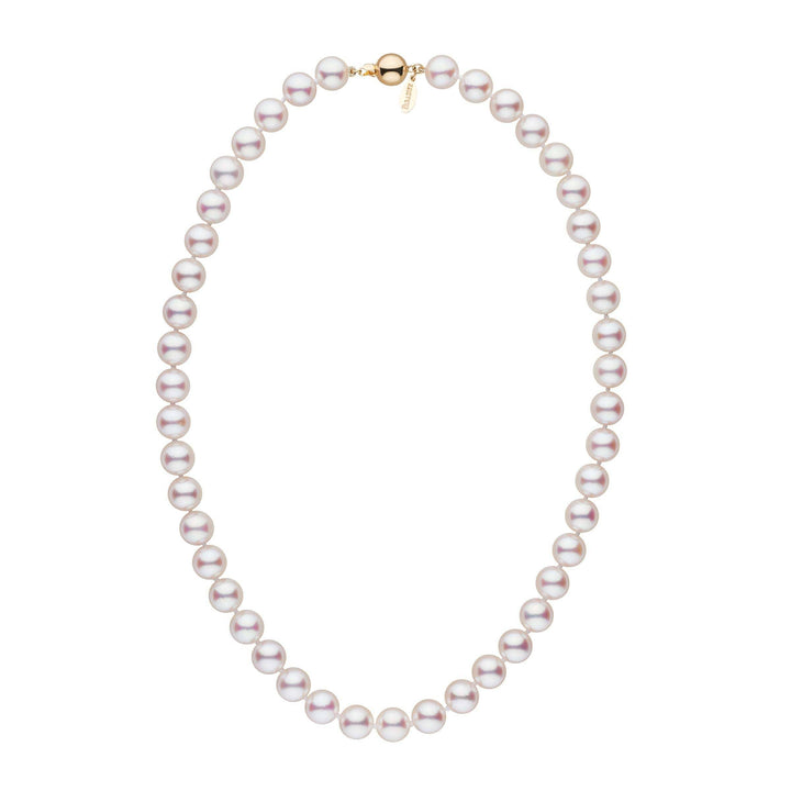 Large, Certified 9.0-9.5 mm 18 Inch White Hanadama Akoya Pearl Necklace Yellow gold polished