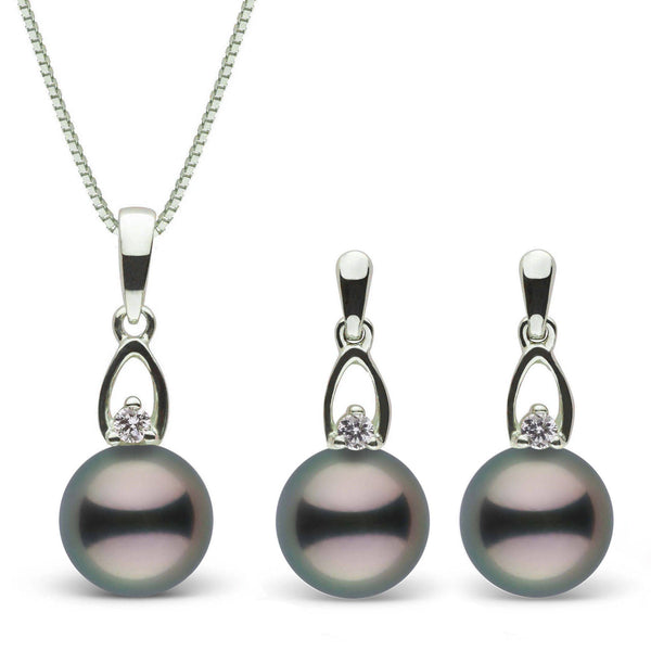 Juliet Collection 8.0-9.0 mm Tahitian Pearl and Diamond Pendant & Earrings Set featuring round black Tahitian pearls with diamond accents on 14K white gold settings.