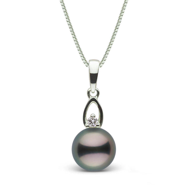 Juliet Collection 8.0-9.0 mm Tahitian Pearl and Diamond Pendant featuring a single lustrous black Tahitian pearl with a small diamond accent on a sleek white gold chain.