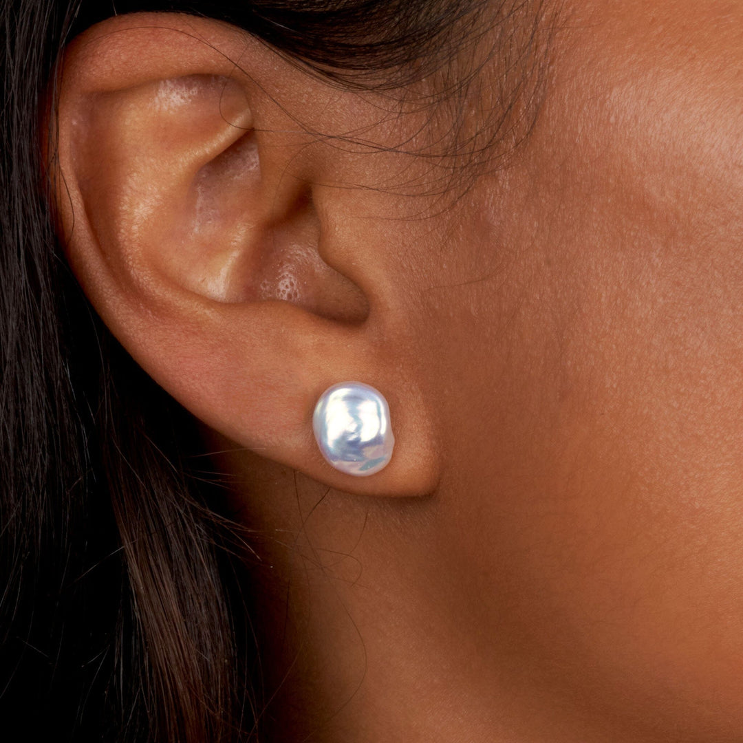 8.0-9.0 mm Keshi Metallic White Freshwater Pearl Stud Earrings on model